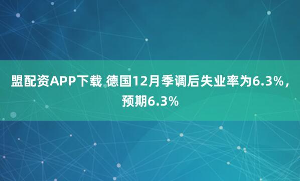 盟配资APP下载 德国12月季调后失业率为6.3%，预期6.3%